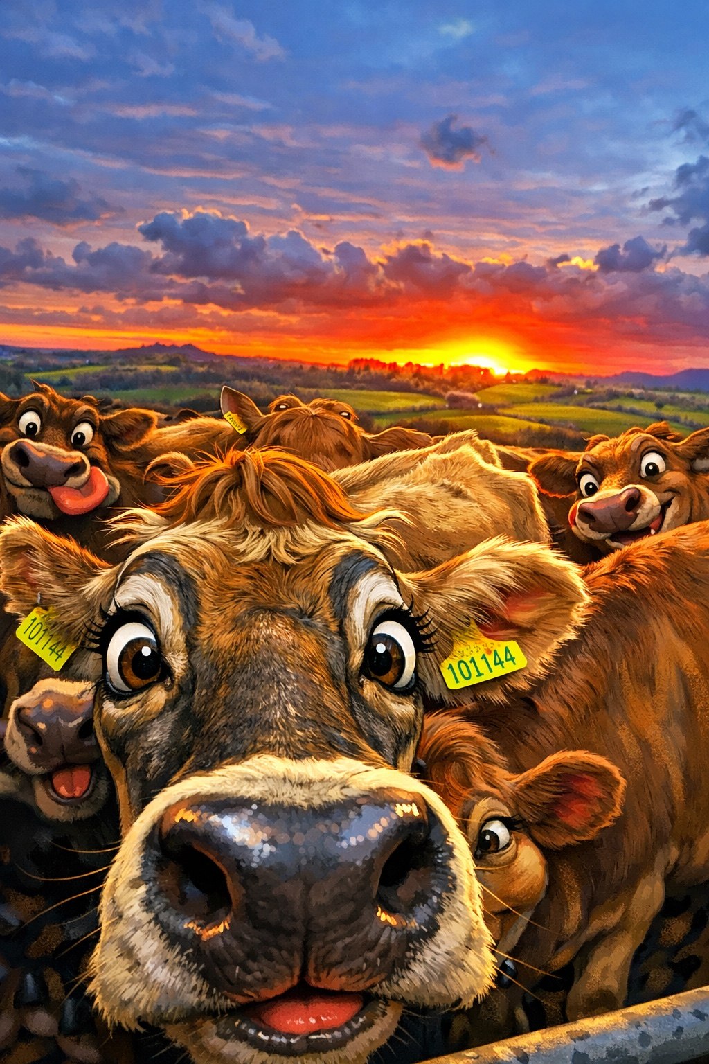 Playful illustrated Jersey cows with Ava at the front